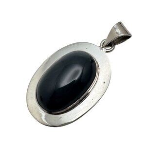 Vintage Large Oval Black Onyx & Sterling Silver Pendant Taxco Mexico Gift